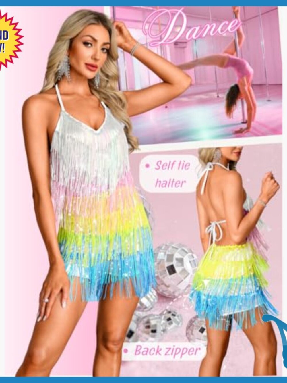 Sequin Fringe Romper, Open Back Halter Jumpsuit for Rave Festival - Picture 3 of 7